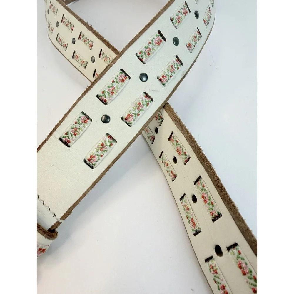 White Leather Belt Colorful Ribbon Accents Vintage Boho Style 31-34